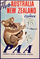 Koala család retro utazási reklám Új-Zéland Ausztrália gyerekeknek kedves Vintage plakát reprint