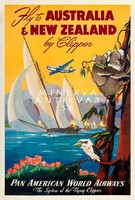 Retro utazási reklám Új-Zéland Ausztrália tenger vitorlás hegyek koala tájkép Vintage plakát reprint