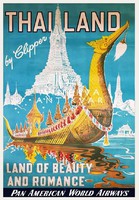 Retro utazási reklám egzotikus sárkányfejes hajó Távol-Kelet kultúra tornyok Vintage plakát reprint