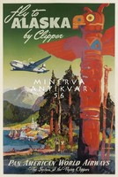 Retro utazási reklám Alaszka hegyek tájkép város tó kikötő indián totemoszlop Vintage plakát reprint