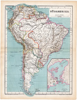 Dél - Amerika térkép 1870, eredeti, német nyelvű, atlas, Kozenn, régi, Rio de Janeiro, antik