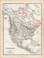 Észak - Amerika térkép 1883, eredeti, atlasz, Keith Johnston, angol, 36 x 47 cm, Kanada, USA, Mexikó