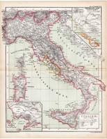 Itália (Olaszország) térkép 1870, eredeti, német nyelvű, atlas, Kozenn, régi, antik, Róma, Nápoly