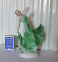Régi, art deco sítlusú, zöld ruhás táncosnő,balerina, táncoló porcelán hölgy figura 
