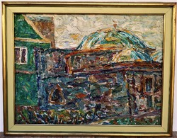 Gyelmisné Fehér Etelka (1921 - ) Török fürdő Budapest c. festménye  EREDETI GARANCIÁVAL