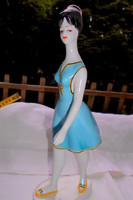 Hollóházi valódi retro  porcelán figura-sétáló kék ruhás lány