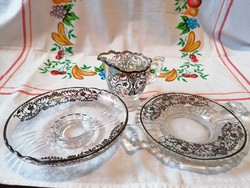 Showy glass set with 3 black floral patterns, vignette, with bowl, serving, spout, abrasions