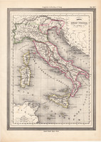 Ókori Itália térkép, kiadva 1861, olasz, eredeti, atlasz, történelmi, ókor, Róma, Olaszország