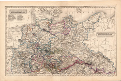 Észak - német államok térkép 1854, német nyelvű, eredeti, osztrák, atlasz, Európa, kelet, nyugat