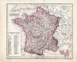 Franciaország térkép 1854, német nyelvű, eredeti, atlasz, osztrák, Gallia, Európa, megye, felosztás