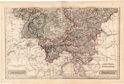 Dél - német államok térkép 1854, német nyelvű, eredeti, osztrák, atlasz, Európa, kelet, nyugat
