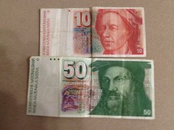 CHF 10 és 50 bankjegy,külön-külön is, "F" állapotban, 70-es évekből