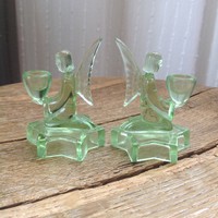 Antik Art Deco mini üveg angyalkás gyertyatartó párban