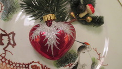 Régi figurális üveg karácsonyfadísz piros sziv