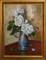 Moona - Fehér rózsák serlegben EREDETI olajfestmény