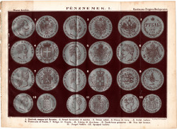Pénznemek I. (2), színes nyomat 1885, Magyar Lexikon, Rautmann Frigyes, ezüst, pénz, érme, forint