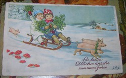 Régi képeslap újévi szerencsemalac  üdvözlőlap