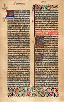 Gutenberg biblia egy lapjának hasonmása 1455, litográfia 1904, lexikon melléklet, színes nyomat