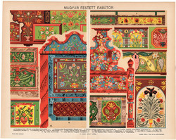 Magyar festett fabútor (3), litográfia 1896, színes nyomat, eredeti, magyar nyelvű, bútor, díszítés