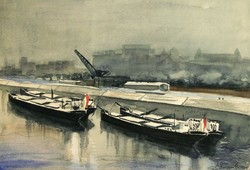 Altorjai 1961. Rakpart Uszályok a Folyón 48x37,5cm Akvarell Kikötő Dokk