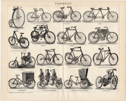 Kerékpár, egyszínű nyomat 1895, német nyelvű, eredeti, bicikli, velocipéd, tricikli, tűzoltó, motor