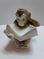 KOMIKUS FIGURA!!! Jelzett antik Sitzendorf könyvet olvasó majom gyertyatartó figura AJÁNDÉKNAK IS!