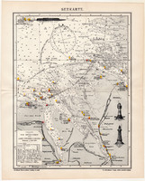 Tenger térkép (Seekarte) 1907, német nyelvű, eredeti, Brockhaus, lexikon melléklet, Európa, Elba