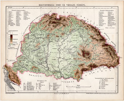 Magyarország hegy- és vízrajzi térkép 1896, eredeti, Pallas lexikon melléklet, régi, Homolka József