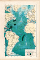 Atlanti - óceán térkép 1890, német, atlasz, eredeti, Hartleben, mélység, Amerika, Európa, Afrika