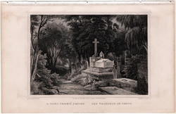 A Váczi temető Pesten, acélmetszet 1859, Hunfalvy, Rohbock, eredeti, Budapest, Pest, sír, metszet
