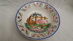 Ritka wilhelmsburgi disznós mázas festett kerámia keménycserép fali tányér dísztányér