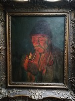 Horváth G. Andor: Pipagyújtás olaj, vászon festmény, hibátlan, szignált,  68 x 60 cm