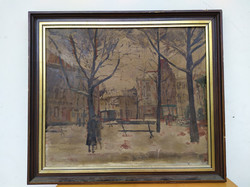 Antik olaj fa nívós nem szignált avantgard utcarészlet festmény keretben verson tájképpel Nr 39.