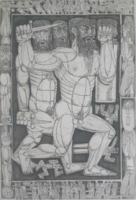 KASS JÁNOS: Harcosok, rézkarc, kerettel 44x62 cm (mitikus, antik, ókori) ornamentális szegélyezés