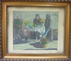 Piaci virágárusok - szép keretben régi olajfestmény 26x30 cm, Sautner Lipót (életkép, virágok)
