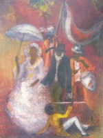 Séta a korzón - színpompás olajfestmény ritkaság (30x40 cm) - tarka, díszes menet, esküvő, cilinder
