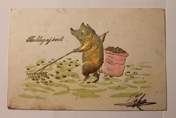 Antik dombornyomott levelezőlap, képeslap, újévi üdvözlőlap, 1902
