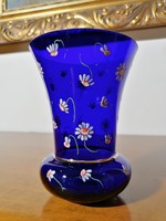 Parádi antik üveg váza -zománc kamilla festett virág díszítéssel (Ér-547)
