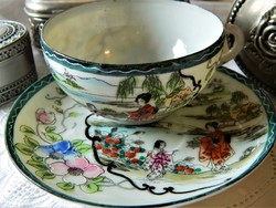 Különleges kézzel festett Japán szett, tojáshéj porcelán, csésze kistányér, 1940-50