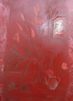 JAKAB ESZTER: Csendélet - olaj, kerettel 60x80 cm - "VIRÁGOK LAUTREC" a hátoldalon (vörös, tűzpiros)