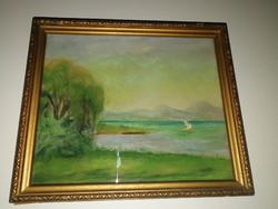 Perlmutter Izsák : Balatoni tájkép,vitorlással - antik festmény, 1 forintos aukción.