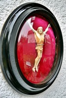 IGAZOLÁSSAL! 57. Antik, 170 éves CSONT Jézus Krisztus 14cm, kereszt, korpusz, falra akasztható keret