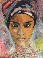 Női portré, Yannick Carrouër - Jeune femme pensive Akril, vászon - Kézzel aláírt festmény
