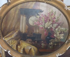 Csendélet asztali órával 50x60 cm, olajfestmény (virágok, drapéria, ékszer, ovális)