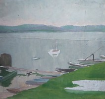 PANORÁMA A VÍZPARTRÓL -  olajfestmény 41x43 cm papíron (tavas tájkép, Balaton, csónakok, hegyek)