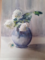 WHITE ROSE WITH WHITE LILIES (watercolor, 27x40, by Nelly Krenner) flowers, vase, watercolor