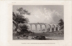Viadukt, acélmetszet 1840, eredeti, 10 x 15, metszet, Amerika, Baltimore, Washington, vasút, vonat