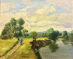 Kövér Gyula (1883 - 1950) : Tájkép alakkal ,40 x 50 cm,olaj-vászon