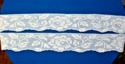 2 old, hand-crocheted rose and leaf pattern shelf strips, cabinet strips