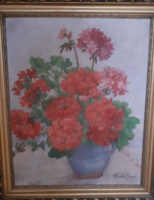 PIROS MUSKÁTLIK (olaj-vászon csendélet, szép keretben 47x57, Vladár Ilona) virágok, természet, vörös